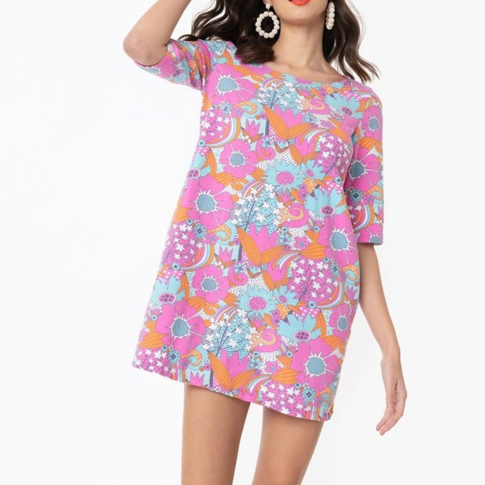 1960s Style Retro Floral Print Cotton Tunic Dress